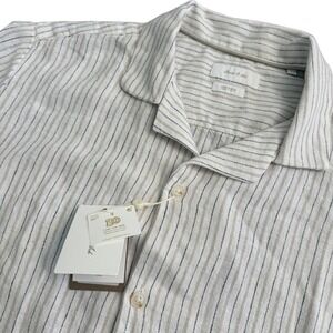 Porter & Ash Mens Linen Blend Striped Short Sleeve Camp Collar Shirt Beige Med